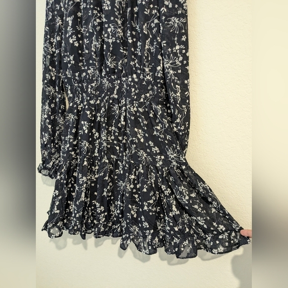 Lulu's Navy Blue Floral Chiffon Smocked Ruffle Too Cute Long Sleeve Mini Dress - Picture 12 of 16